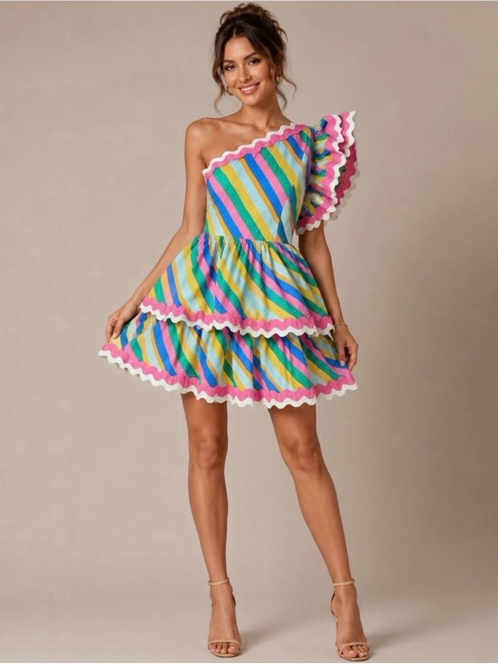 Sugarlips Women Multicolor Stripe One Shoulder Ruffle Tiered Mini Dress S NWT